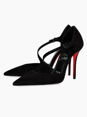 Christian Louboutin Black Suede Pointed Mary Jane Pumps with Red Soles